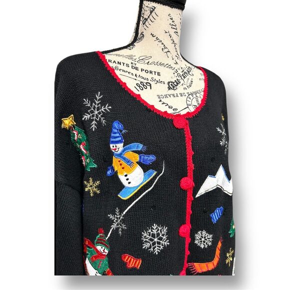 Vintage Nutcracker Christmas Cardigan Black Sweater Snowman Trees Embroidered XL - Picture 5 of 10